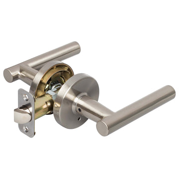 Image Of Door Lever Set Bed / Bath / Privacy Function Contemporary Style Riley Collection - Satin Nickel Finish - Harney Hardware