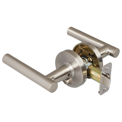 Image Of Door Lever Set Bed / Bath / Privacy Function Contemporary Style Riley Collection - Satin Nickel Finish - Harney Hardware