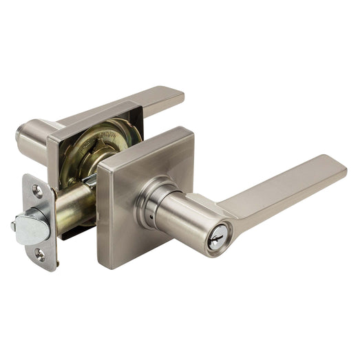 Image Of Door Lever Set Keyed / Entry Function Contemporary Style Palm Collection - Satin Nickel Finish - Harney Hardware