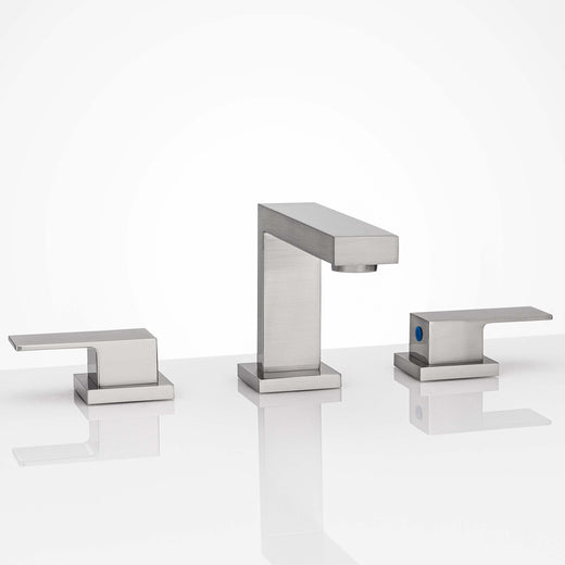Image Of Wide Spread Contemporary / Modern Bathroom Sink Faucet -  8 In. Wide - Satin Nickel Finish - Harney Hardware